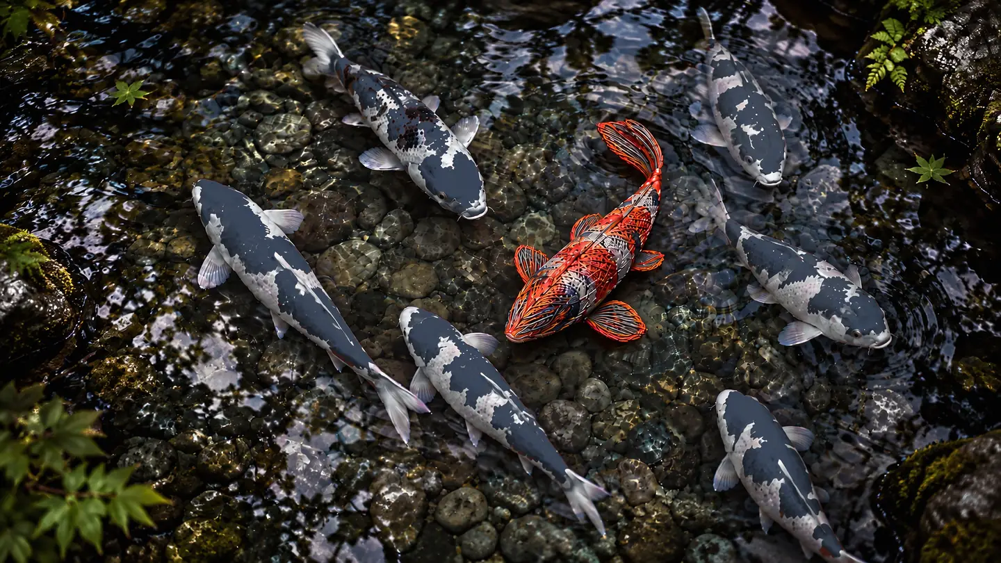 A clear pond of black-and-white koi. One orange koi with an unnatural, geometric pattern is flagged as a synthetic merchant.